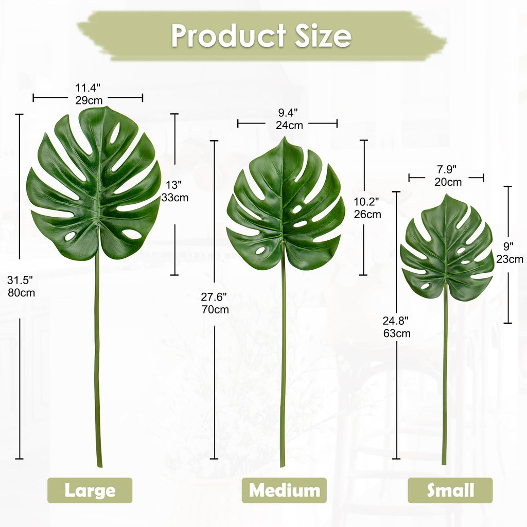 3 Pack Artificial Monstera Leaves with Long Stem for Vase - Fake Tropical Plants Palm Leaves Realistic Philo Turtle
