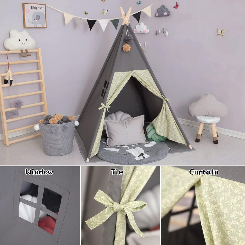 Teepee Tent for Kids Stripe Padded Mat Foldable Dark Tone Grey Play Tents for Girl and Boy with Carry Case Wooden
