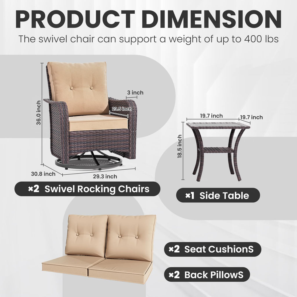 Outdoor Swivel Chairs Set of 2, 3 Pieces Patio Furniture Set with Thick Cushion, Wicker Rocking Patio Chairs Set of