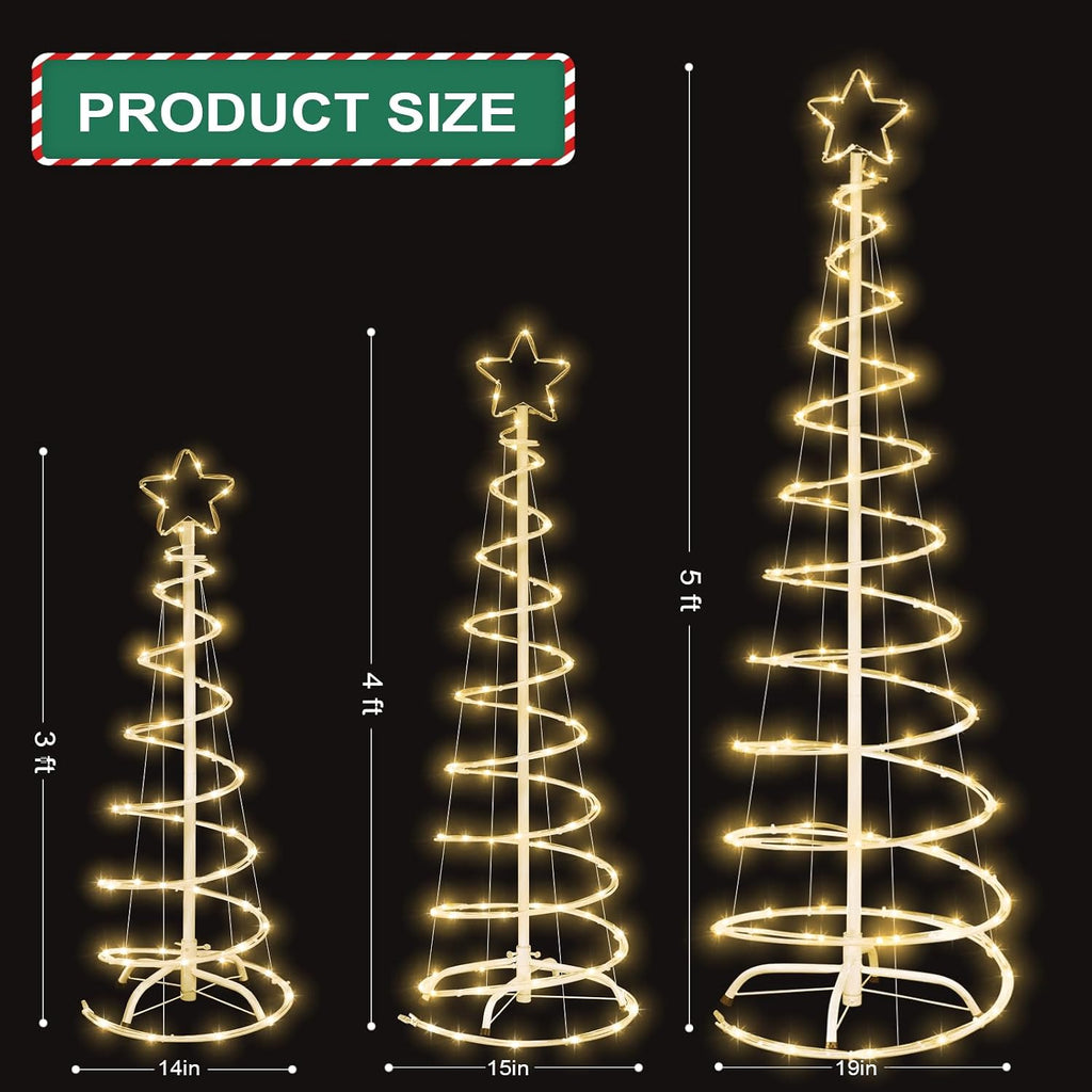 3 Packs Christmas Spiral Tree with Lights, 3/4/5 FT Lighted Xmas Collapsible Tree with Metal Stakes for Indoor &