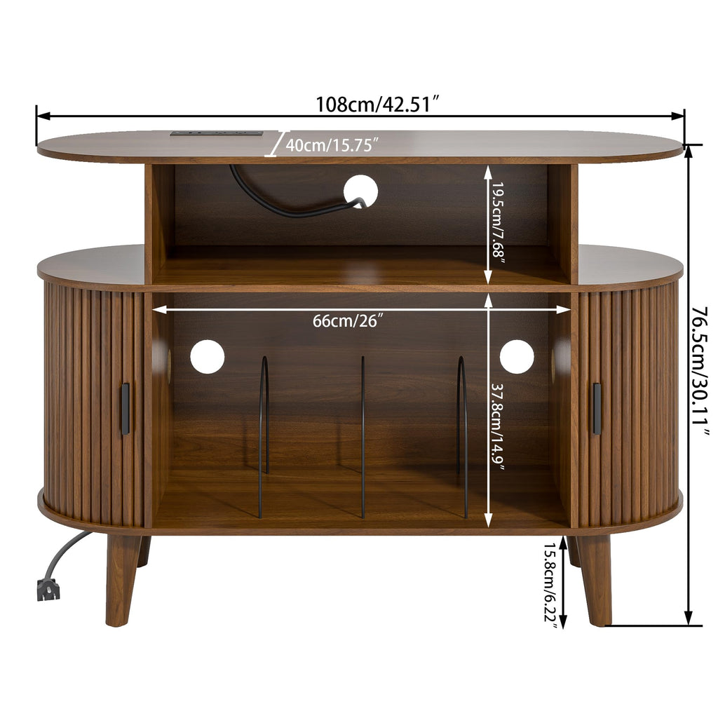 Large Round Record Player Stand with Charging Station & USB Ports (Brown)