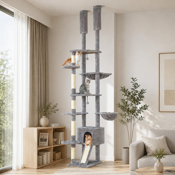Floor to Ceiling Cat Tree, Height Adjustable 90.5-100.4'', Grey
