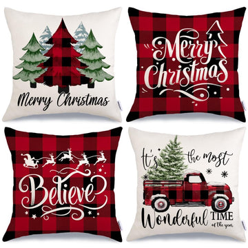 Merry Christmas Throw Pillow Covers 16x16 Inch Set of 4, Xmas Trees Truck Buffalo Plaid Believe Farmhouse Decorative