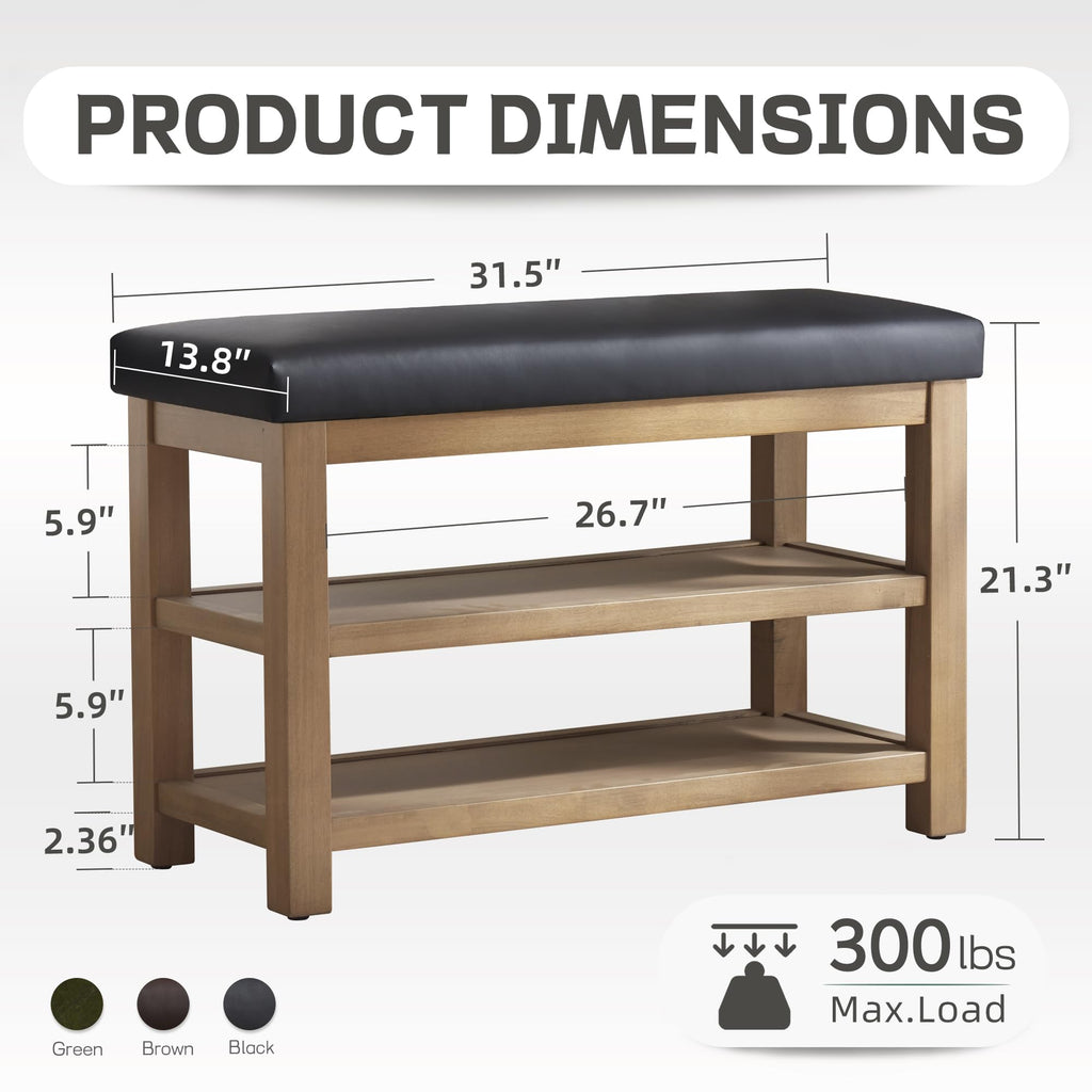Shoe Rack Bench with Leather Cushion, 2 Tier Solid Wood Storage Bench, Mid-Century Modern Shoe Bench, Closet, Front