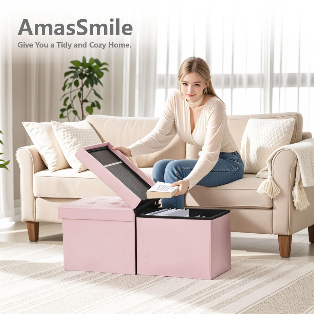 Footrest Ottoman Storage Bench, 34" Velvet Folding Chest, Pink