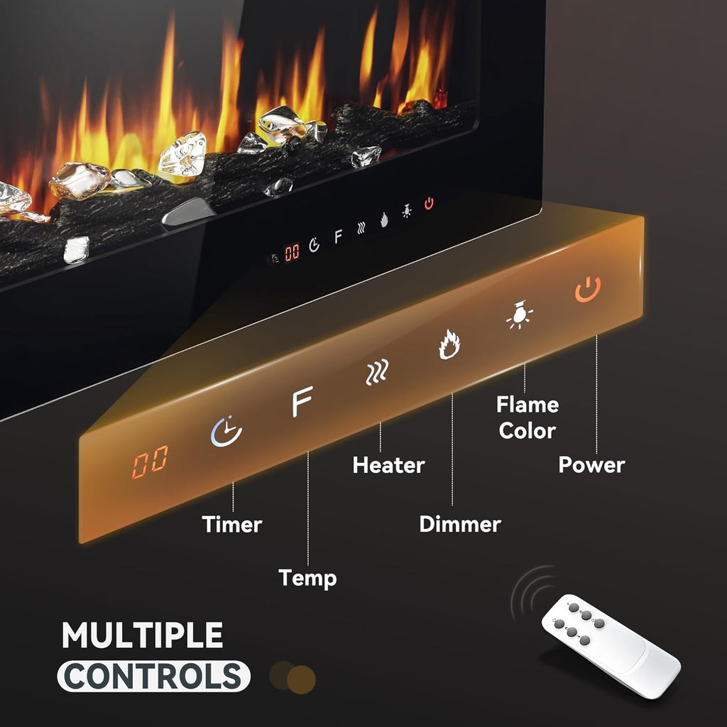 60 Inch Electric Fireplace with Adjustable Flame Color, Fireplace Heater with Remote Control, Linear Fireplace with Timer, Touch Screen, Log & Crystal, 750/1500W A132-B0DLZ9P3M6