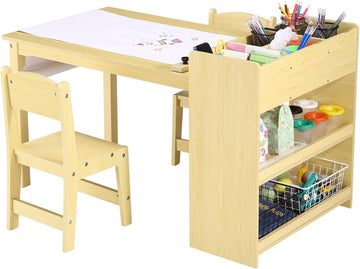 Versatile Kids Art Table with 2 Chairs, MDF Craft Play Desk with Large Storage & Paper Roller, Adjustable Activity
