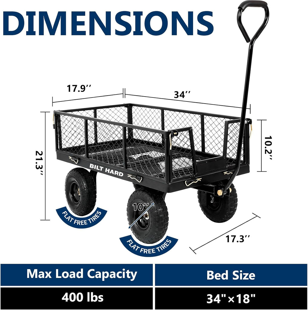 400 lbs 10" Rubber Tires Steel Garden Cart with 180° Rotating Handle and Removable Sides, 4 Cu.Ft Capacity Utility