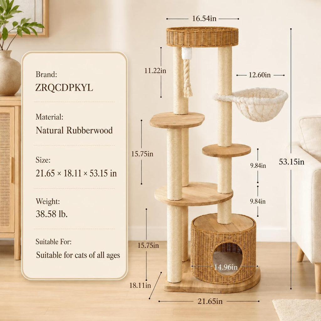 53'' Solid Wooden Cat Tree for Indoor Cats, Modern Large Cat Tower
