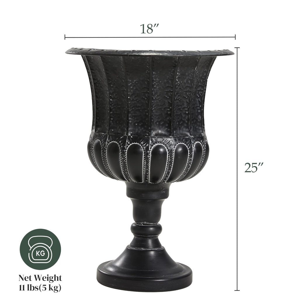 25" H. Metal Urn Planters 1-Pack - Black Classic Antique Iron Plant Pots - Large Decorative Rustic Flower Pots for