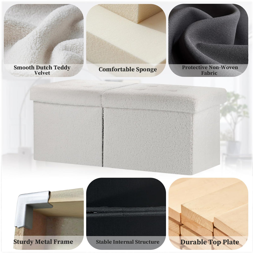 Storage Ottoman Bench, 34" Folding Velvet Foot Rest Stool, White