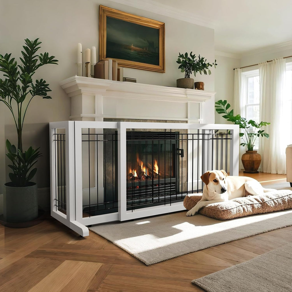 Free Standing Dog Gate, 39" - 68" Wide Pet Gate for Fireplace Stairs Doorways, Wooden Adjustable Pet Fence Indoor