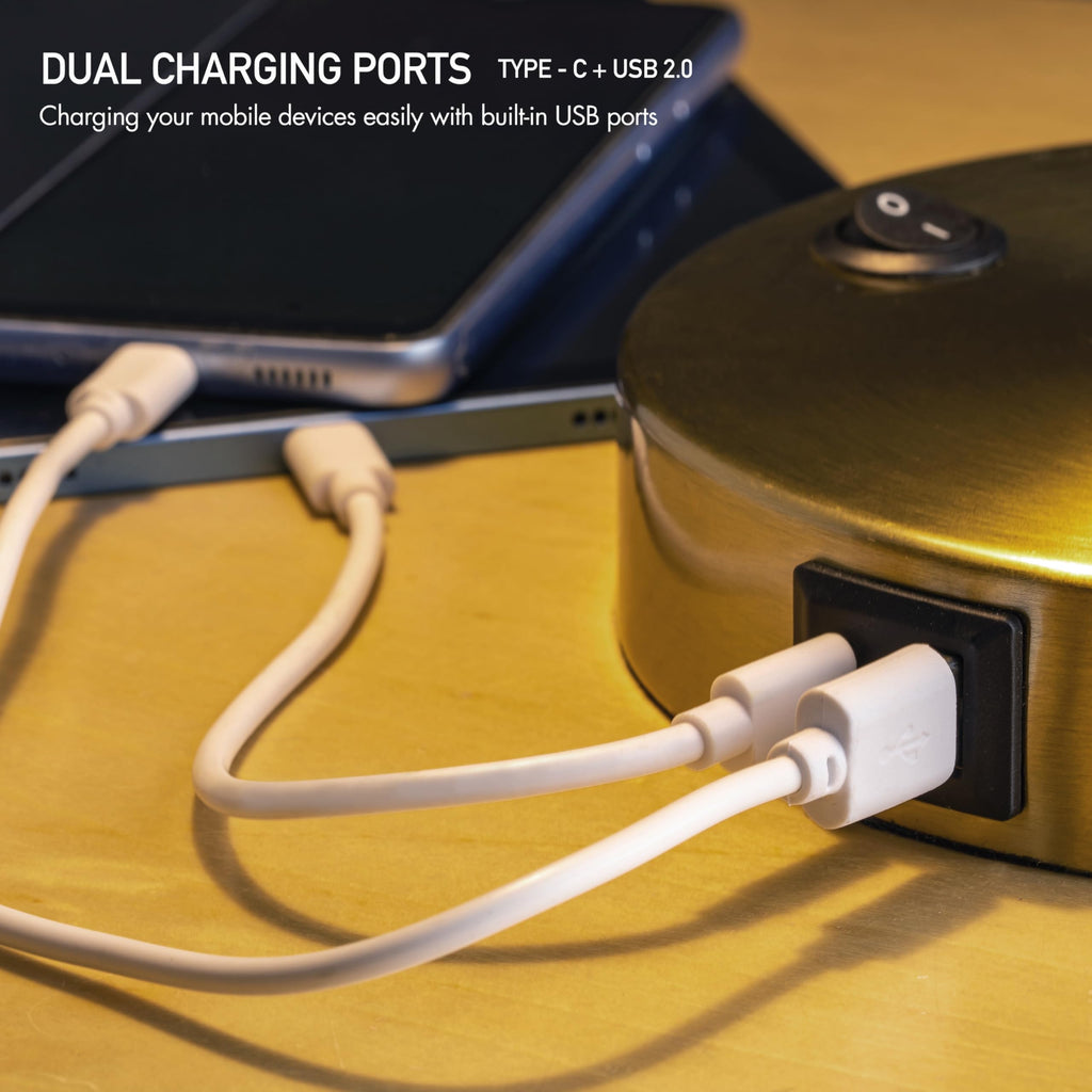 Astrum - LED Desk Lamp with Dual USB Charging Ports, 100% Metal, 270 Degree Swivel Arms, Soft White Light (3000K)