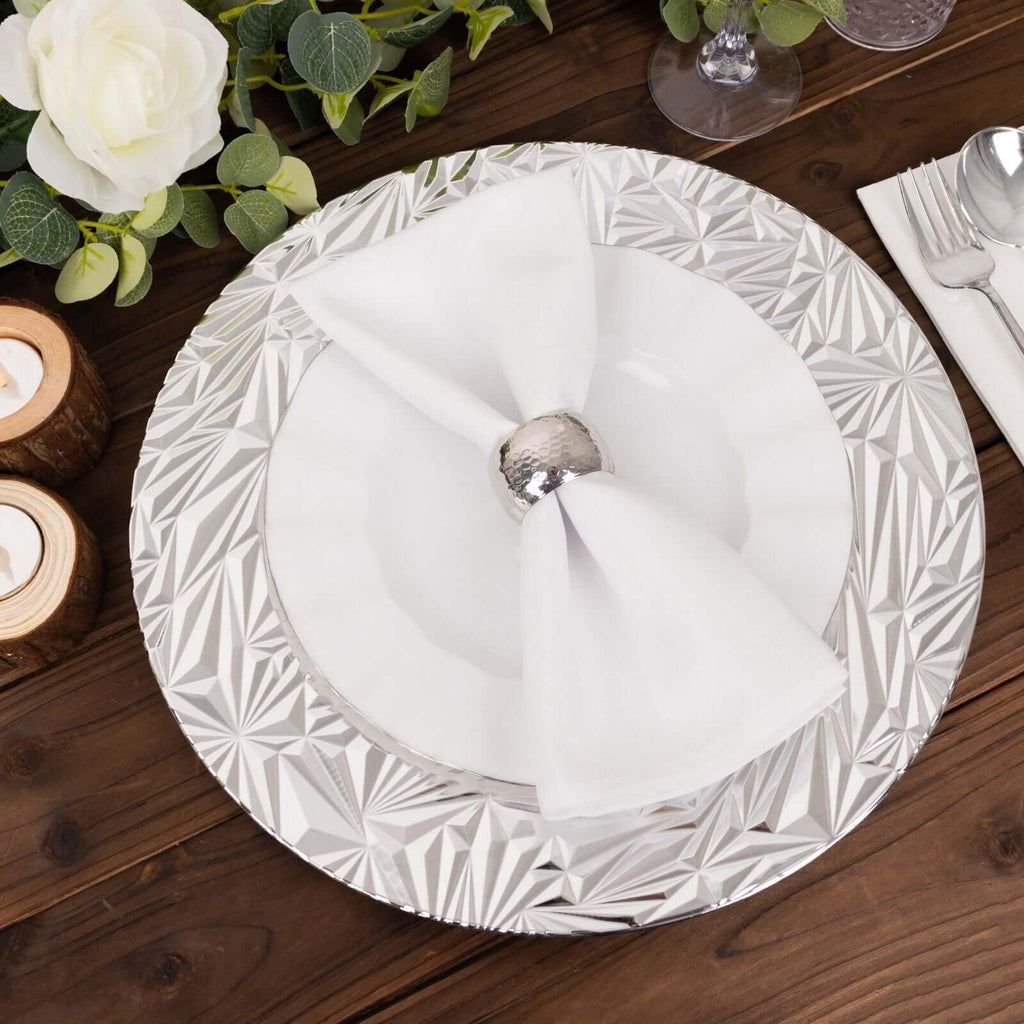 12-Pack Acrylic Charger Plates, Round 13" Metallic Silver Rock Cut Design with Beaded Rim - Decorative Dinner Serving