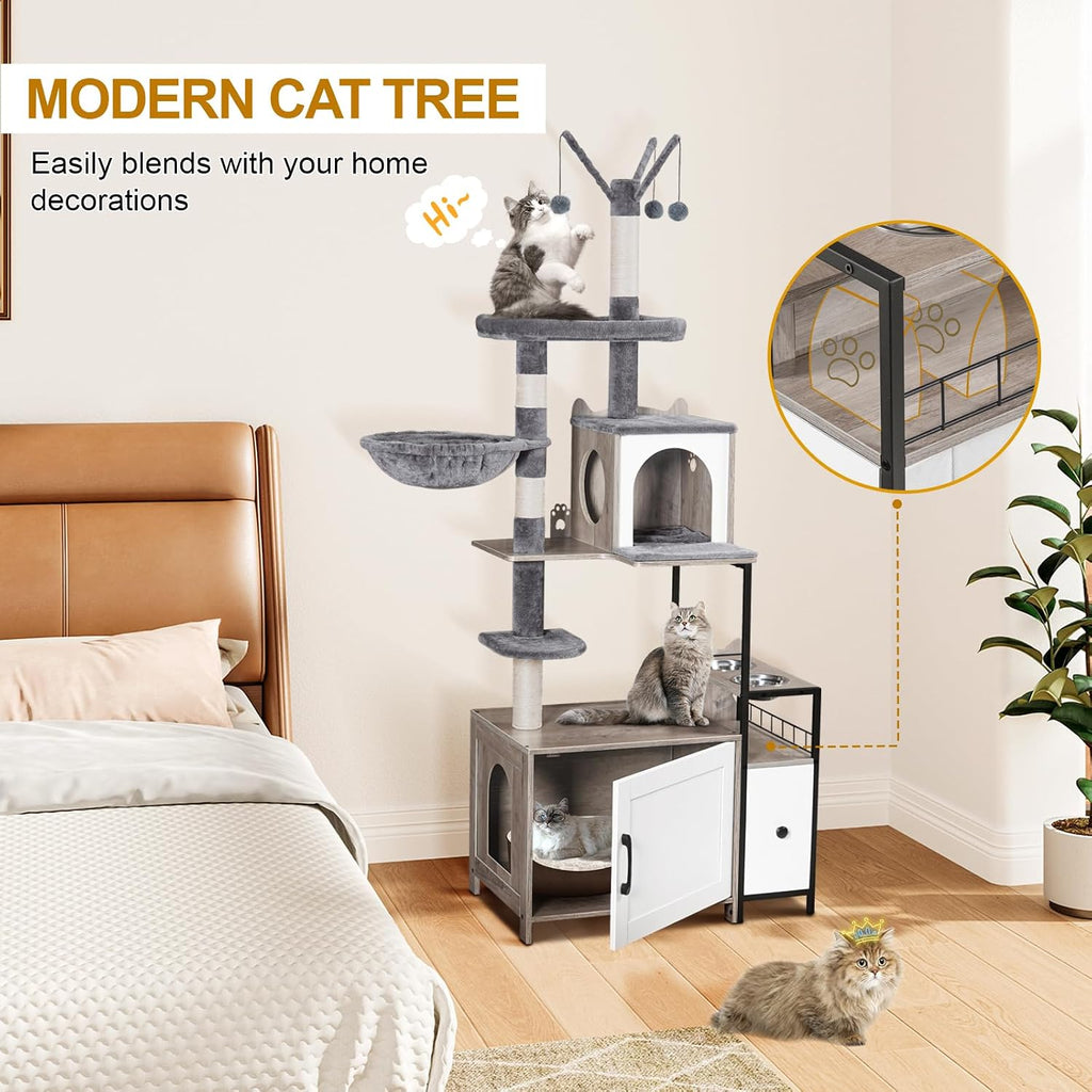 Cat Tree with Litter Box Enclosure, 3-in-1 Modern Cat Tower for Indoor Cats, 67.32'' Hidden Cat Litter Box Furniture