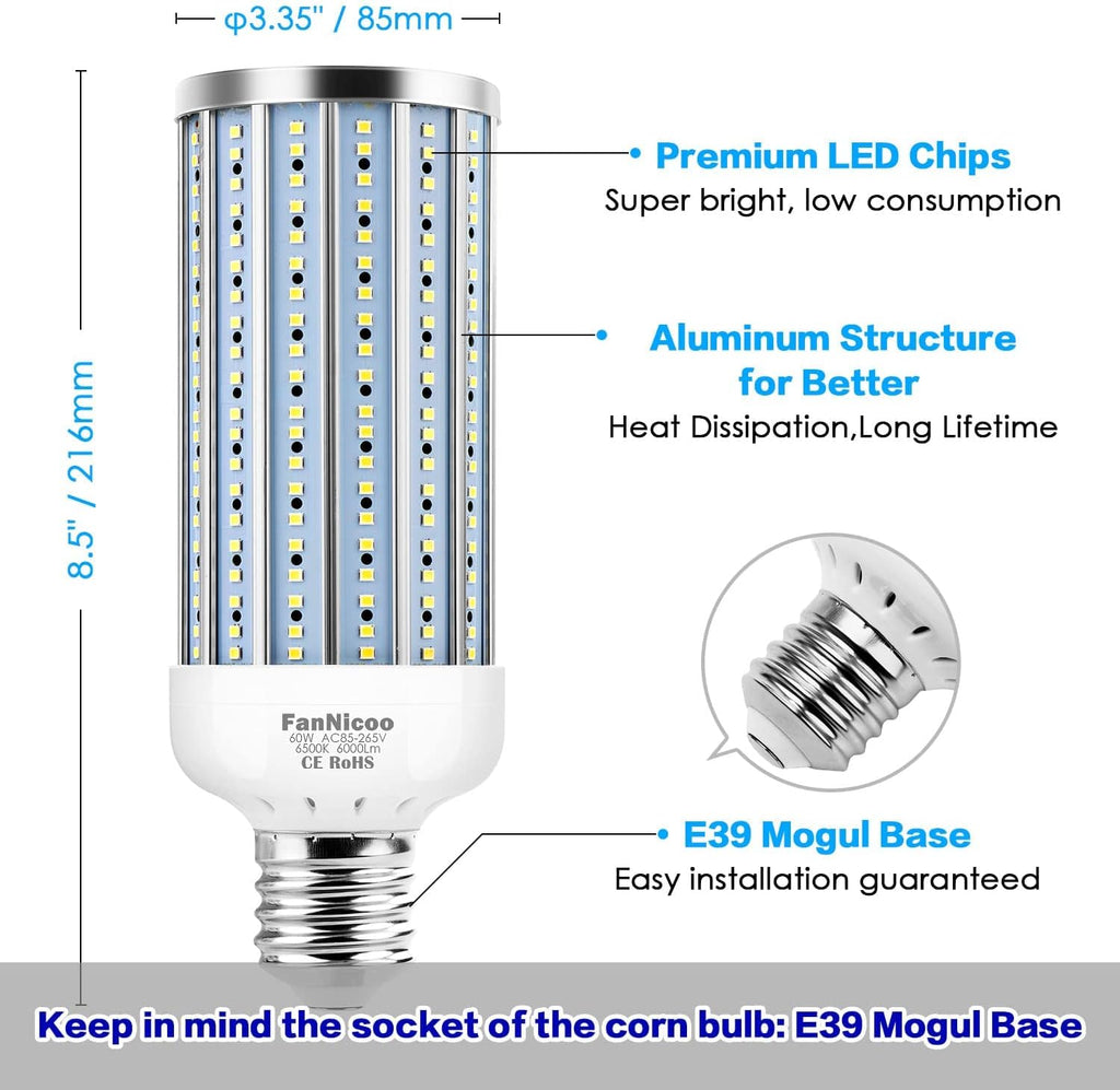 LED Corn Light Bulb 500W Equivalent 60W 6000Lumen 6500k E39 Mogul Base LED Corn Bulb Large Area Cool Daylight White