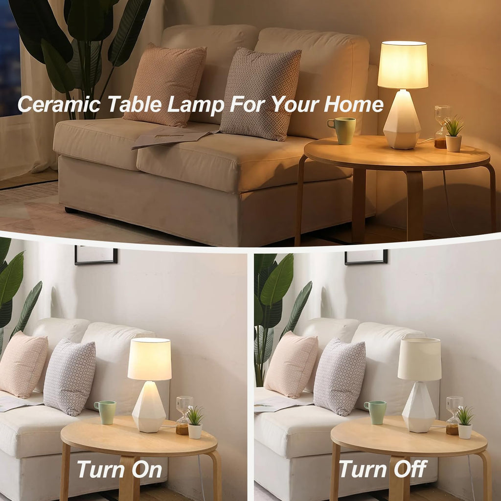 15" Modern Small Ceramic Table Lamp, White Irregular Geometric Bedside Table lamp, Nightstand Lamps with White Fabric