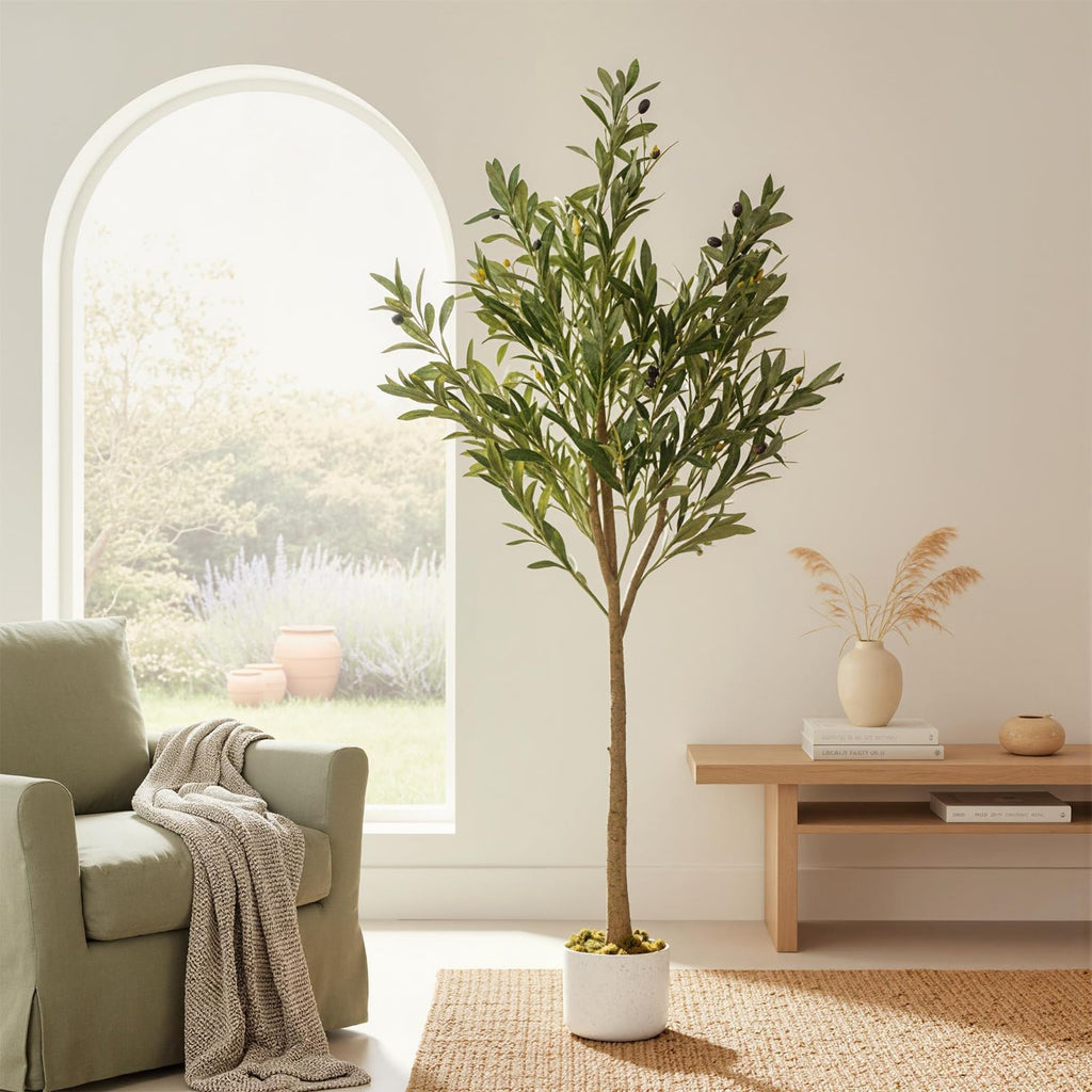 Olive Trees Artificial, 4.5 ft Faux Olive Tree with White Planter, Artificial Plants with Realistic Leaves and Fruits