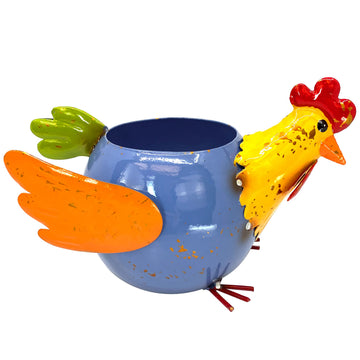 Chicken Planter Pot Colorful Farmhouse Metal Rooster Hen Succulent Flower Indoor Outdoor Garden Decor 8"x 5" (Blue &