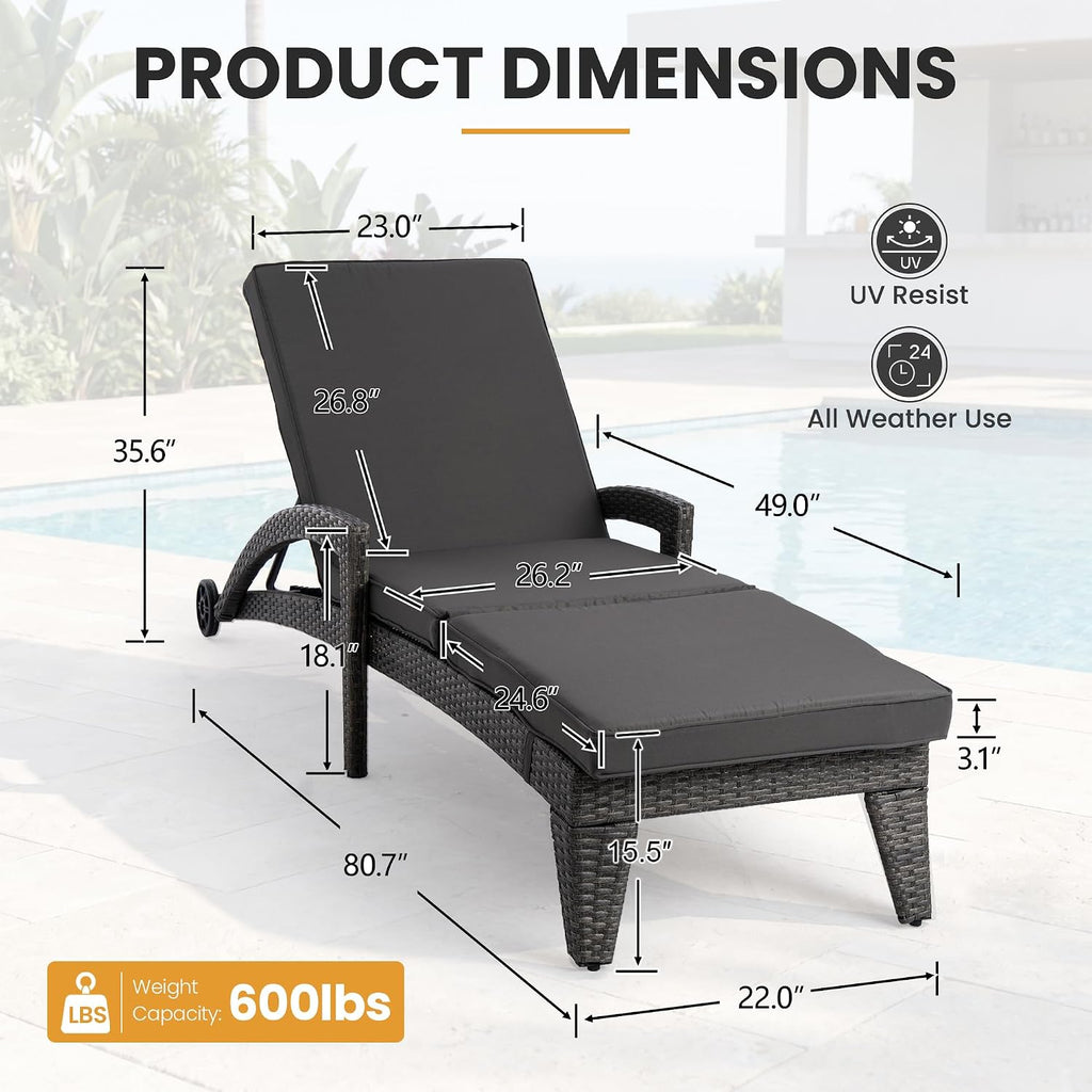 Chaise Lounge Chairs Set of 2, Upholstered 5-Positions Adjustable Lounge Chairs, Wicker Outdoor Long Reclining Chaise