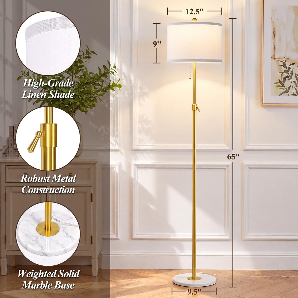 Gold Floor Lamp with Marble Base, 56-65" Height Adjustable Pole Lamp