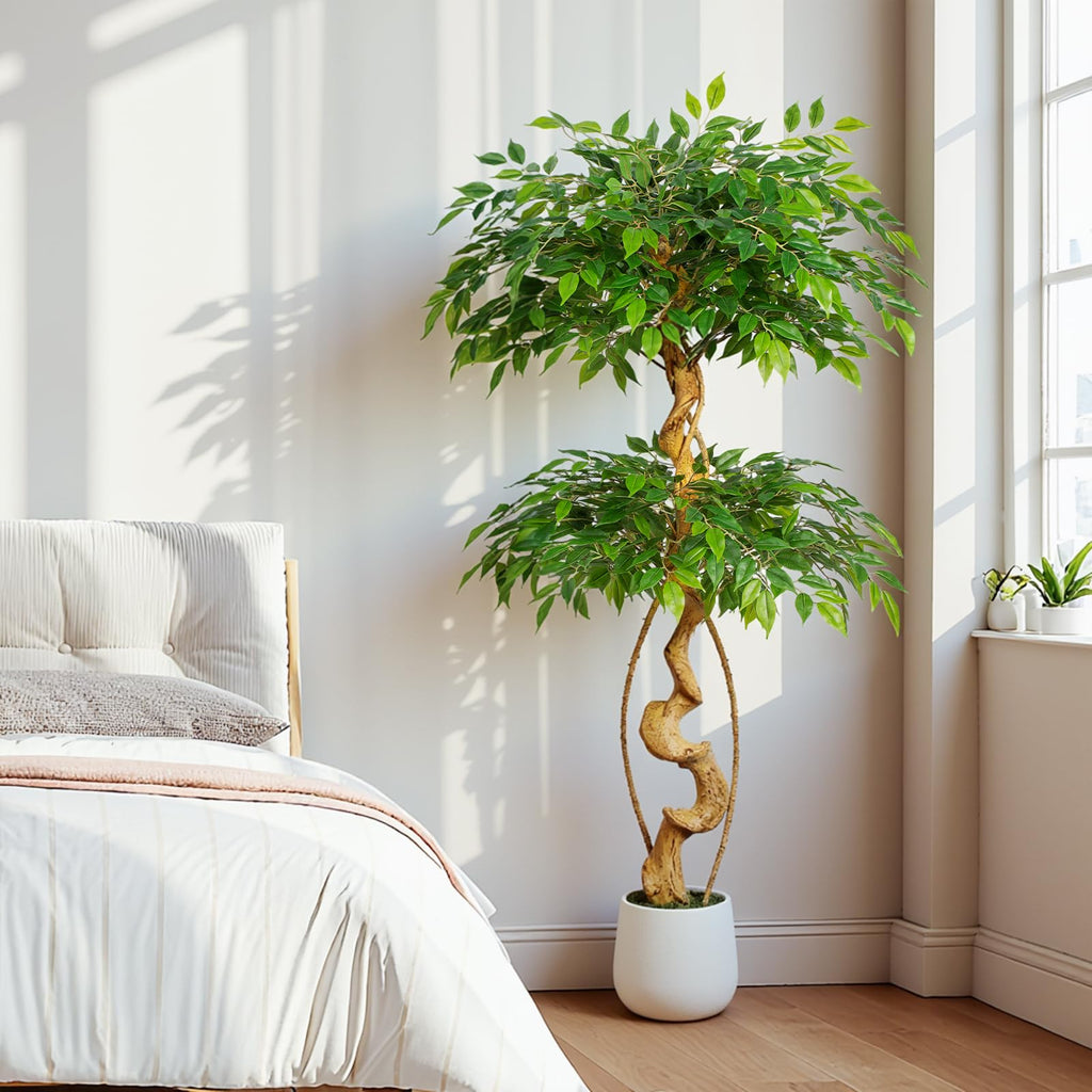 5ft Large Ficus Artificial Trees in White Pot, 60" Tall Fake Silk Tree with Natural Curved Trunk, Lush Faux Ficus
