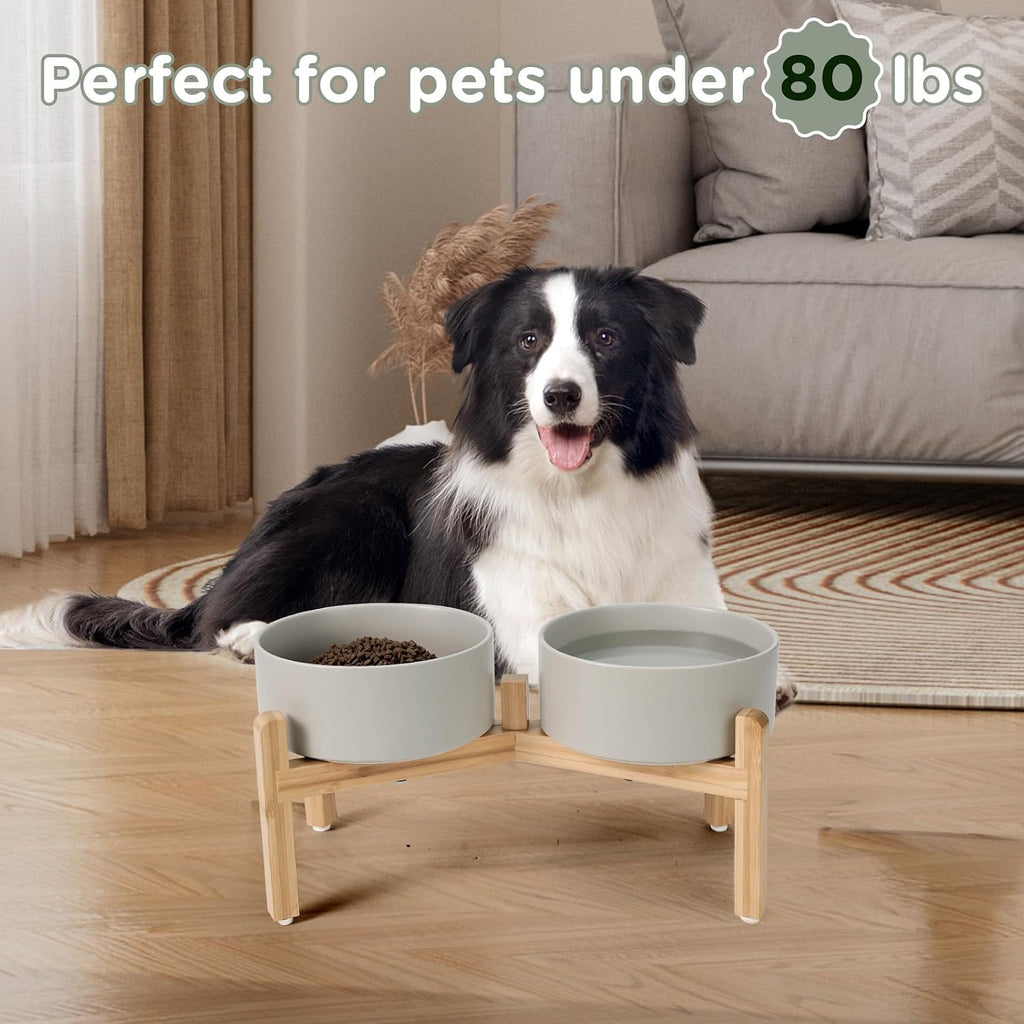 Elevated Dog Bowls Ceramic, 7.3'' Dogs Food Water Bowls Raised with Non-Slip Bamboo Stand for Medium to Large Sized