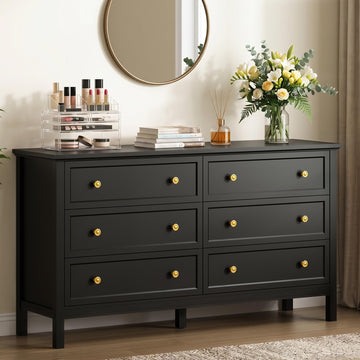 6 Drawer Black Dresser with Gold Handles, 55" Modern Dressers