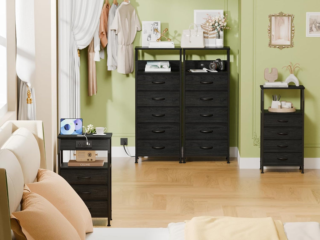 5 Drawers Dresser with Charging Station, Fabric Chest of Drawers with Open Shelf, Tall Night Stand, Bedside Table for