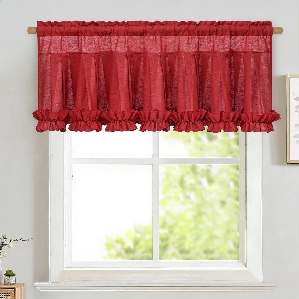 Red linen ruffle valance for windows - Casa Home Living