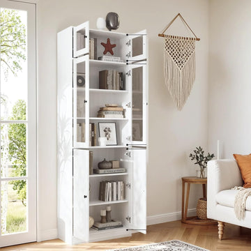 85.5" Tall Bookshelf Single Pack - Half Glass Door Design, White 7 Tier Book Shelf, Curio Cabinets with Storage