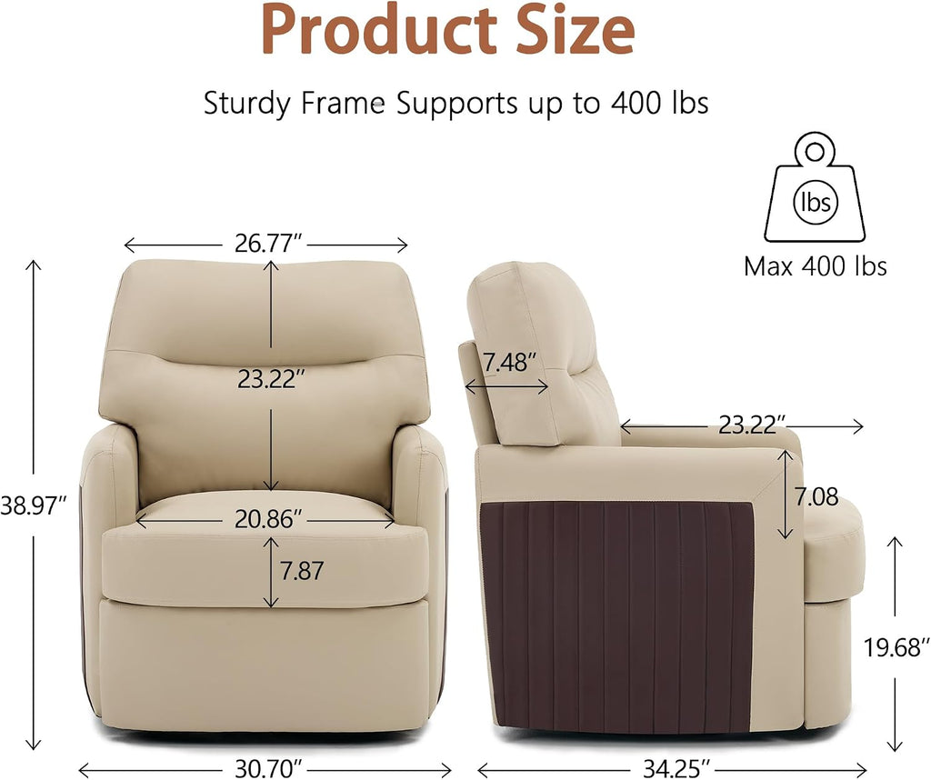 Swivel Leather Accent Chair, Oversized Mid-Century Living Room Chairs,Beige - Set of 2