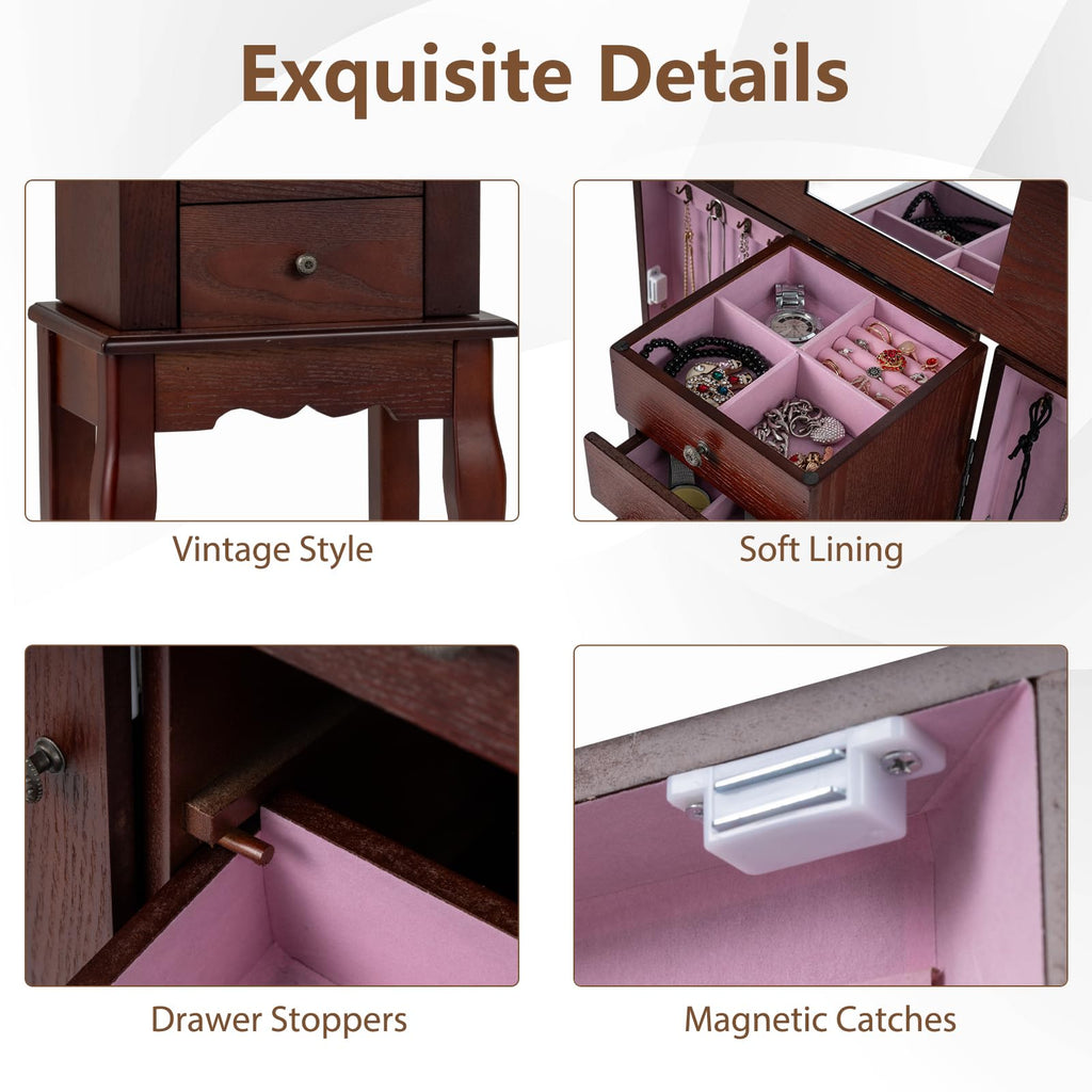 Standing Jewelry Armoire Cabinet with 4 Drawers, Flip Top Mirror, Top Storage Compartments, 2 Side Doors with 8