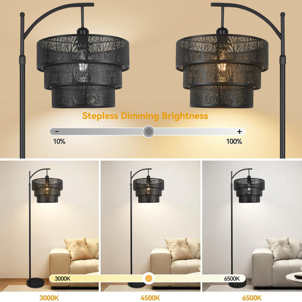 Arc Floor Lamp Bedroom, Mid-Century Modern Floor Lamps with Remote, Black Dimmable Standing Tall Lamp for Corner