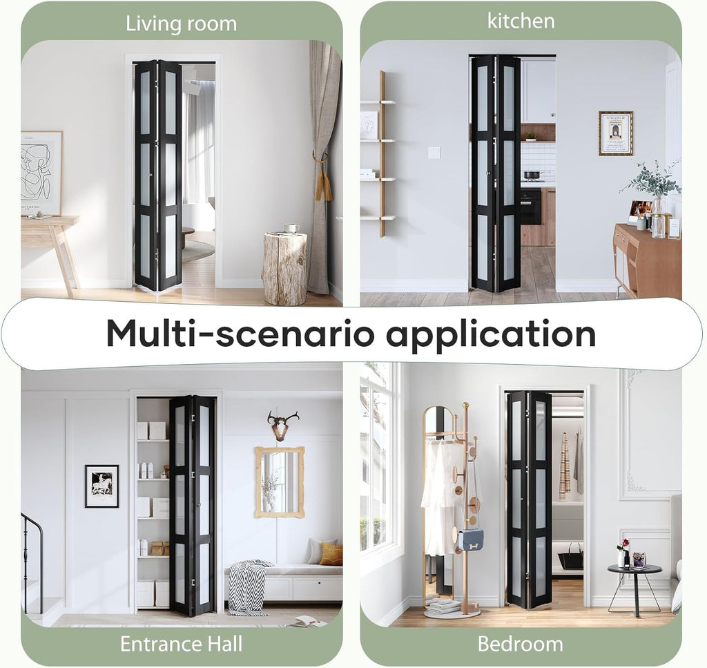 Bifold Closet Doors,Folding Door for 30" x 80" Opening,3-Lite Tempered Frosted Glass,Black Interior 