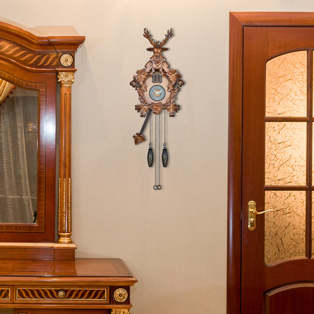 Cuckoo Clock with Automatic Night Mode, Quartz Movement and Carved Deer Head (Brown)