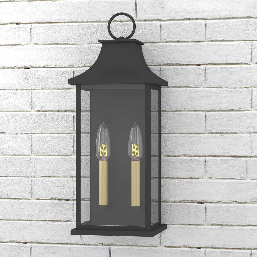 Dusk to Dawn Outdoor Wall Lantern 2-Light, 20.6" Large Outside Wall Sconce, Modern Black Wall Light Fixture with Glass