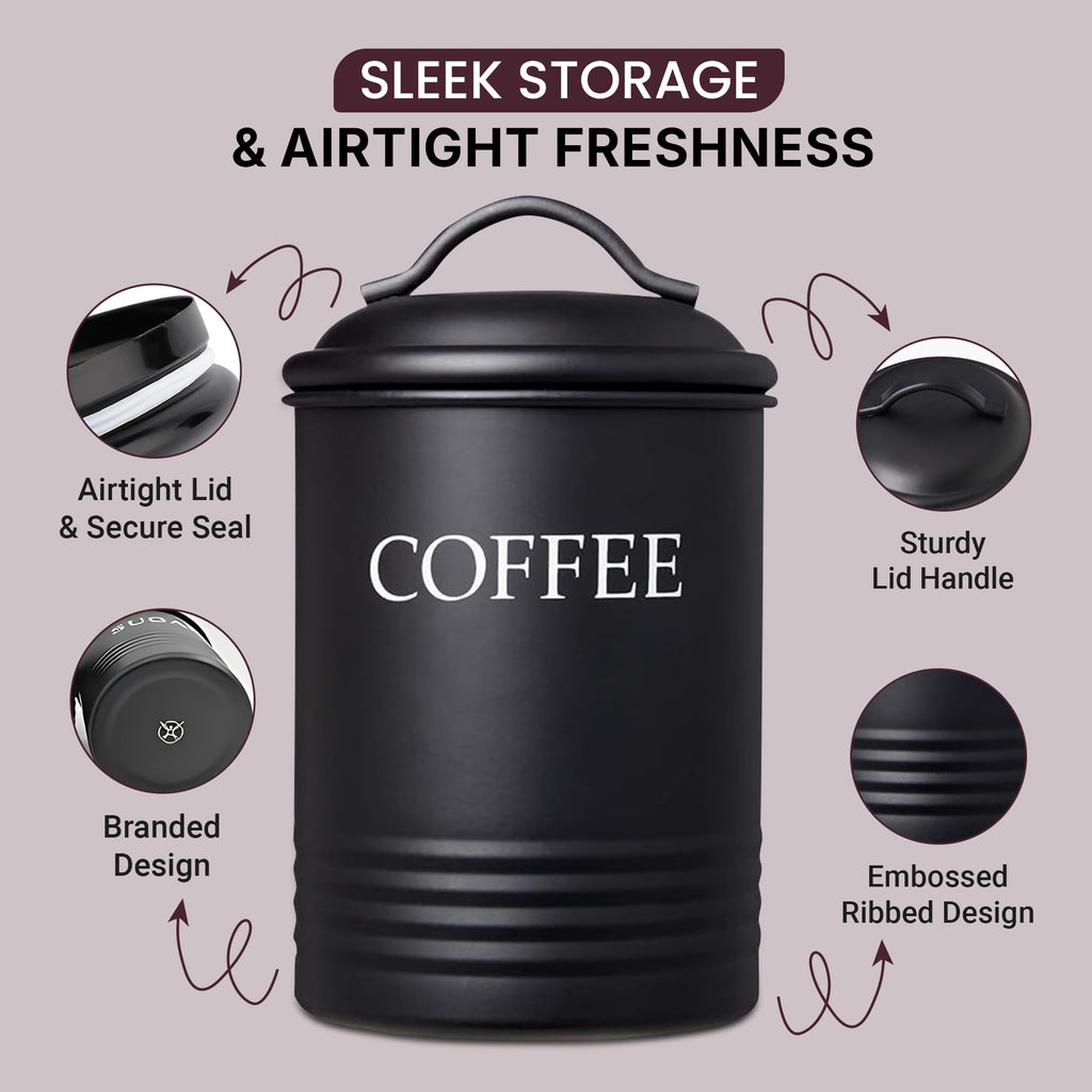Black Kitchen Canister Set of 3 - Airtight Food Storage Containers with Lids for Sugar, Coffee & Tea, Stainless Steel