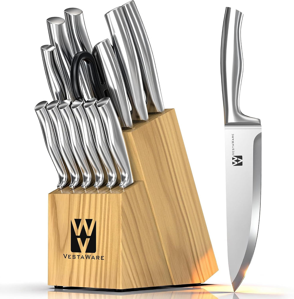 14 Piece Kitchen Knife Block Set, Natural Wood Block, Dishwasher Safe | Razor-Sharp Japanese Stainless Steel Knife