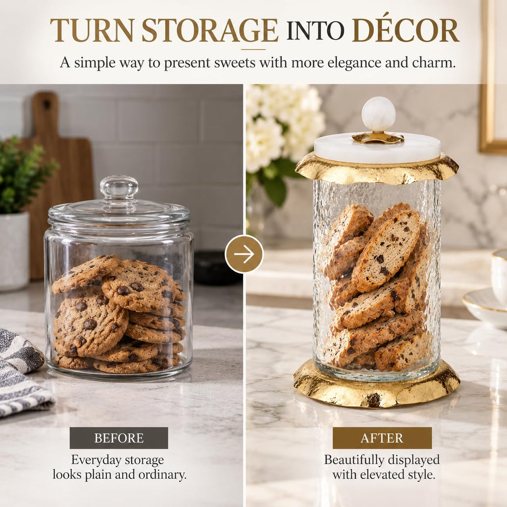 Glass Canister with Marble Lid and Gold Ruffle Design (3 sizes) (Medium)