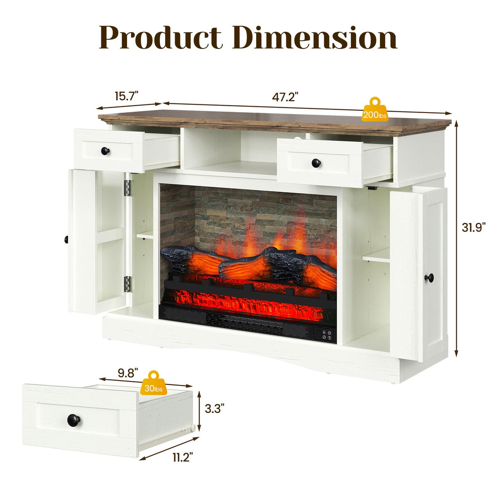47" Fireplace TV Stand with 28" Electric Fireplace, White Media Console