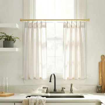 Pinch Pleat Cafe Curtains for Kitchen Window Over Sink, Cream Linen Light Filtering Sheer Farmhouse