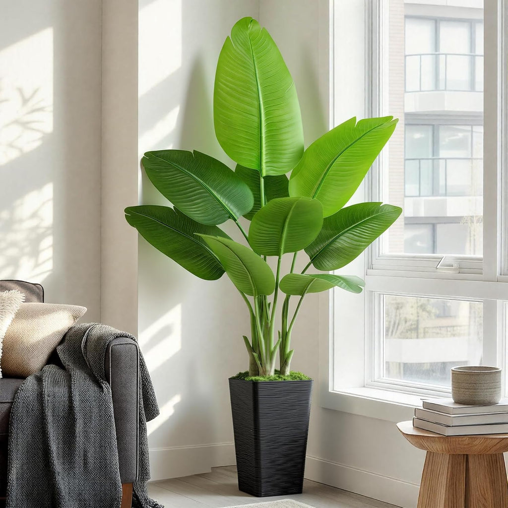 Lifelike Bird of Paradise Artificial Plant 5ft Faux Banana Leaf Tree with Black Tall Wavy-Textured Planter Decor