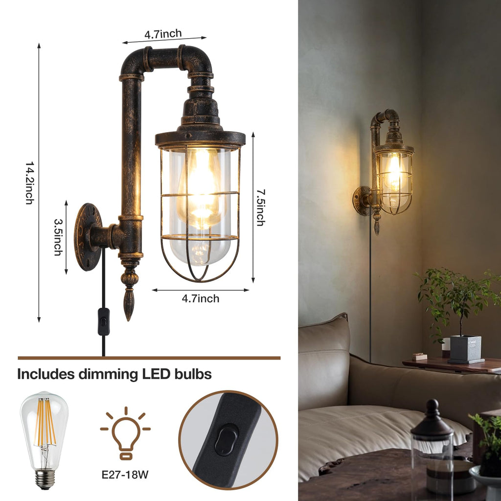 Industrial Plug in Wall Sconce E26 Edison Antique Wall Lights with 5.9Ft Plug in Cord On Off Switch Rustic Wall