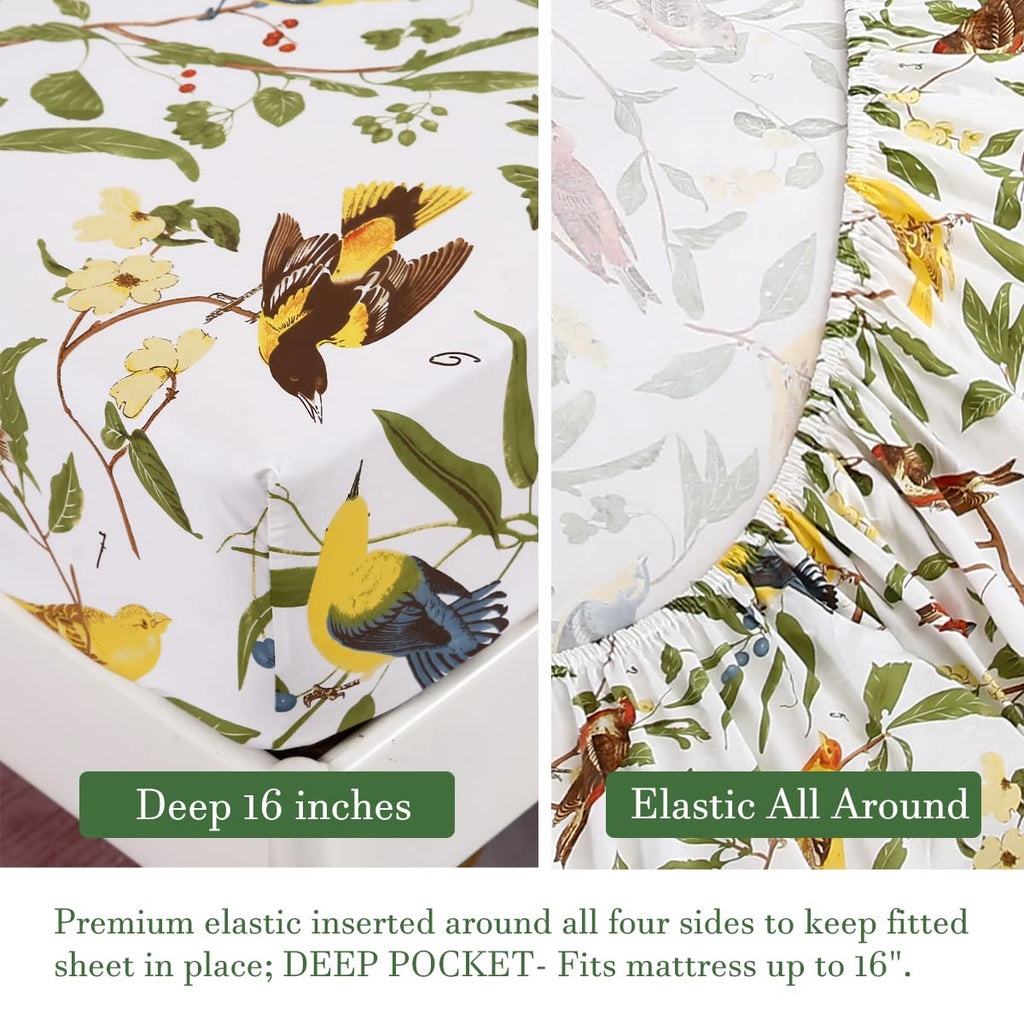 4Pcs Birds Sheets Set for Bed, Farmhouse Green Leaves Pattern, Luxurious Egyptian Percale Cotton Bed Sheet Silky