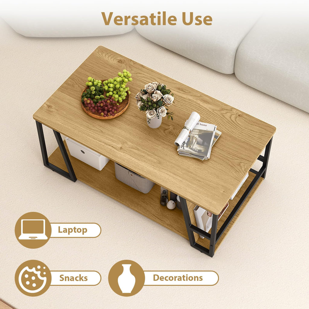 Modern Coffee Table with Storage, 2-Tier Wood Center Table, Oak