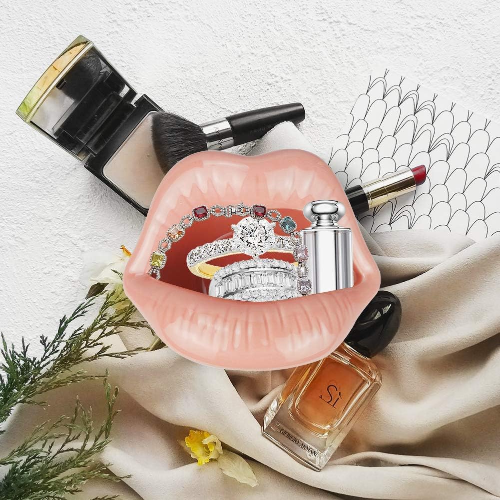 Ceramic Red Lips Lipstick Ring Holder, Pink