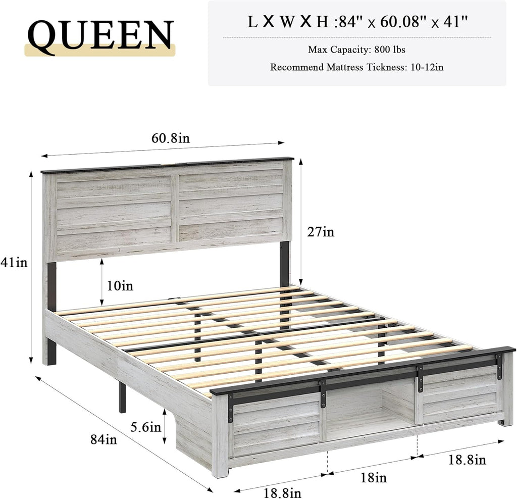 Wooden Bed Frame Queen with Headboard & Sliding Barn Door Storage Footboard, Farmhouse Platform Bedframe with