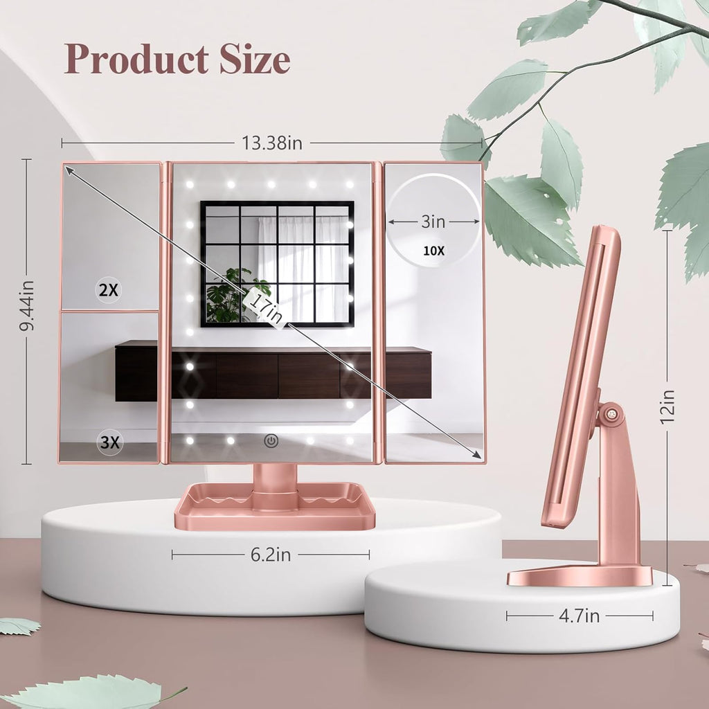 Magnifying Vanity Mirror with Light, Trifold Makeup Mirror