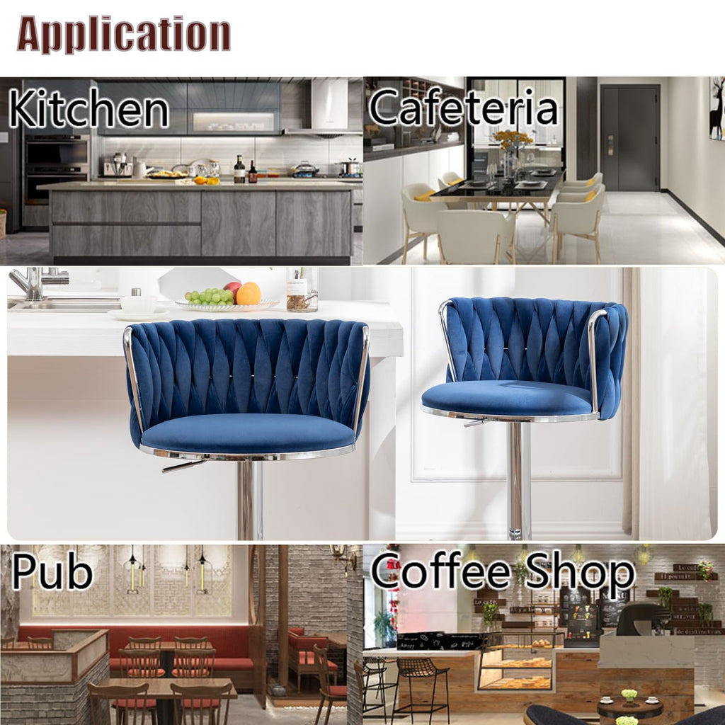 Velvet Bar Stools Set of 2, Swivel Counter Height Bar Stools with Back, Adjustable Woven Barstools Island, Pub, Club